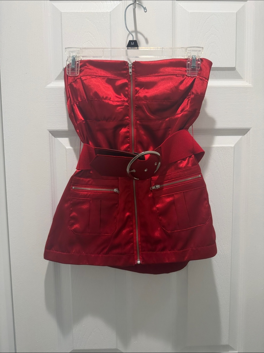 2B Bebe Red Satin Strapless Belted Top